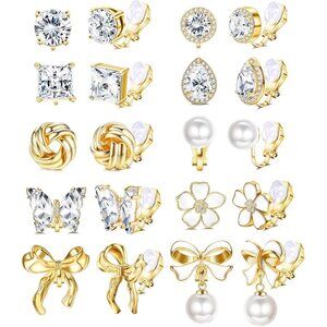 Elegant 10-Pair Gold Clip-On Earrings Set with Pearl, Zirconia, Butterfly & Flor